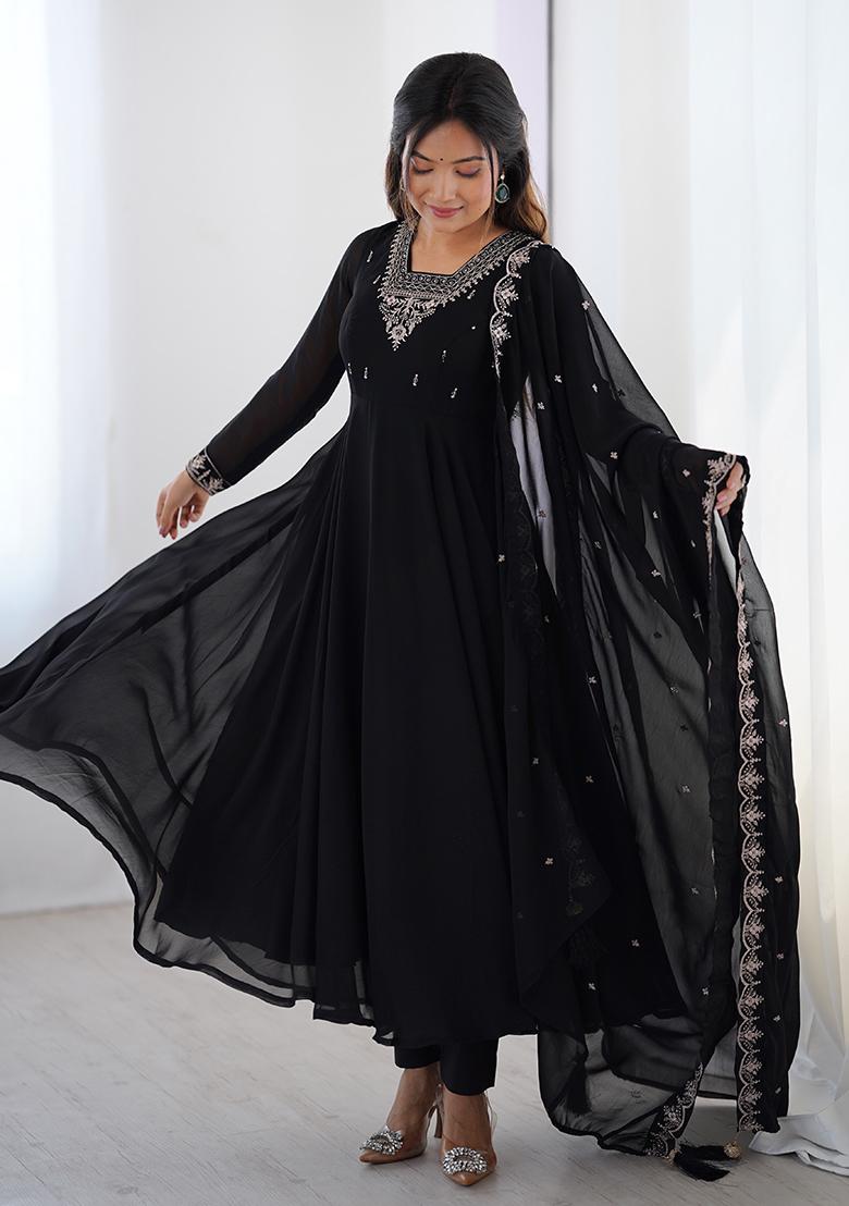 Black Embroidered Georgette Anarkali Set - Indya