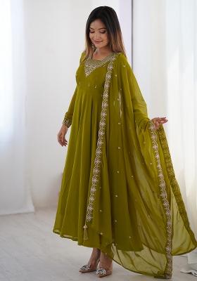 Green Embroidered Georgette Anarkali Set