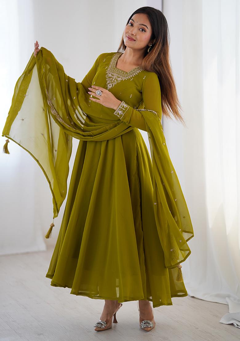 Green Embroidered Georgette Anarkali Set