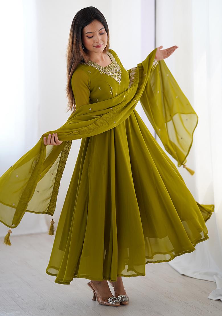 Green Embroidered Georgette Anarkali Set