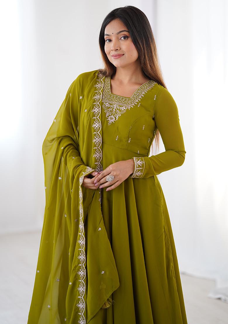 Green Embroidered Georgette Anarkali Set