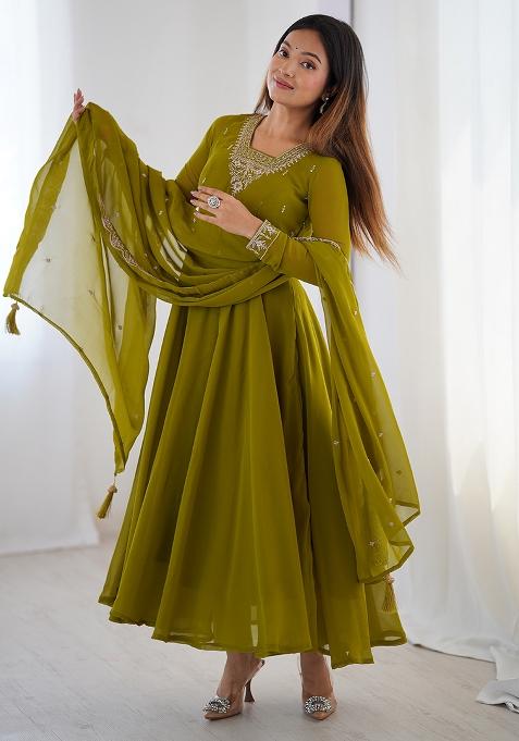 Green Embroidered Georgette Anarkali Set