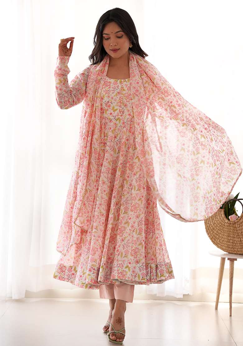 Mint Pink Floral Print Silk Blend Anarkali With Dupatta - Indya