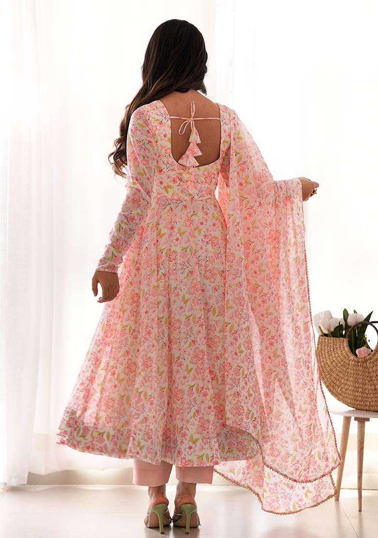 Mint Pink Floral Print Silk Blend Anarkali With Dupatta - Indya