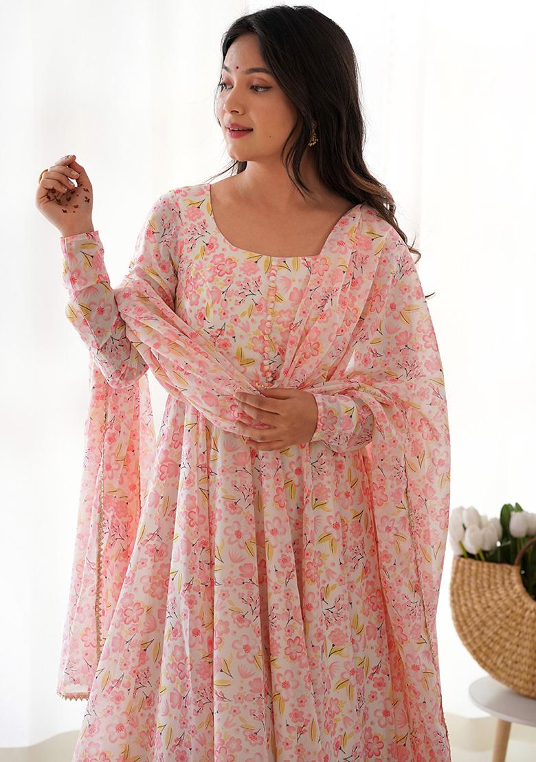 Mint Pink Embroidered Roman Silk Anarkali Set - Indya
