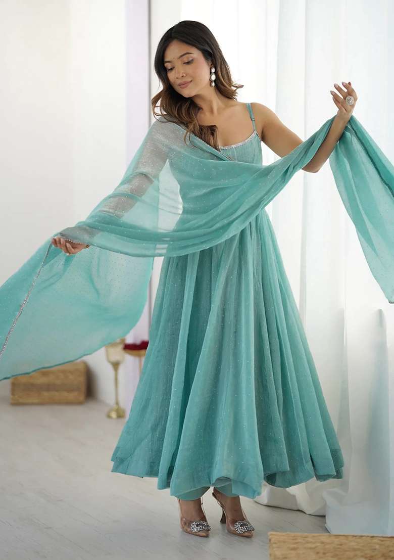 Aqua Blue Solid Silk Blend Anarkali With Dupatta - Indya
