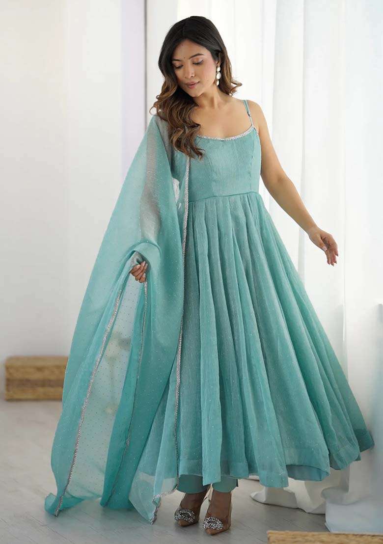 Aqua Blue Solid Silk Blend Anarkali With Dupatta - Indya