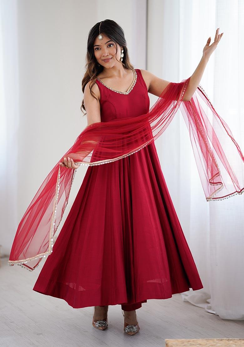 Maroon Embroidered Cotton Anarkali Set