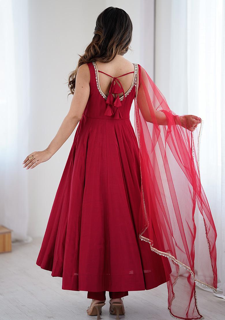 Maroon Embroidered Cotton Anarkali Set