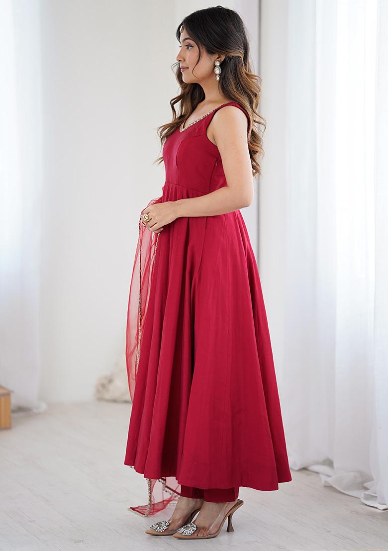Maroon Embroidered Cotton Anarkali Set