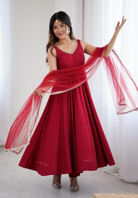 Maroon Embroidered Cotton Anarkali Set