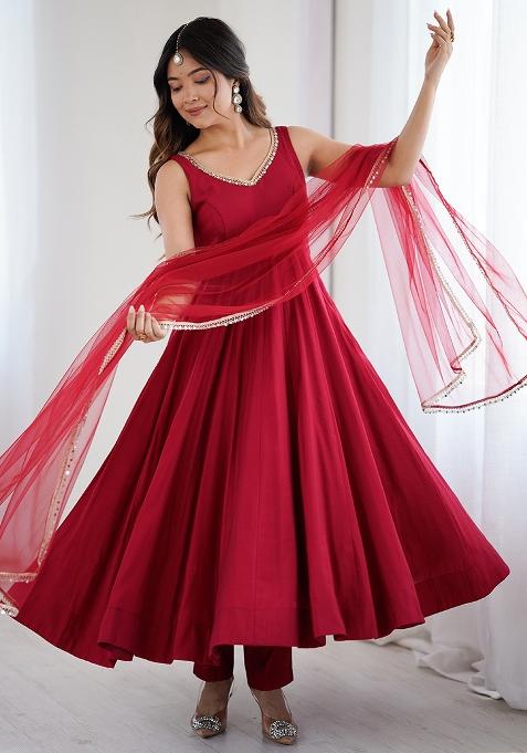 Maroon Embroidered Cotton Anarkali Set