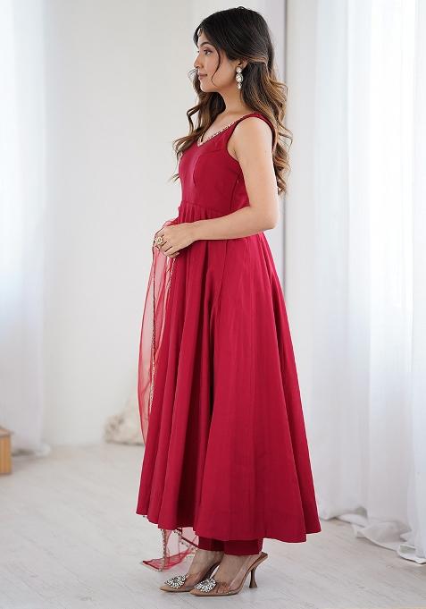 Maroon Embroidered Cotton Anarkali Set