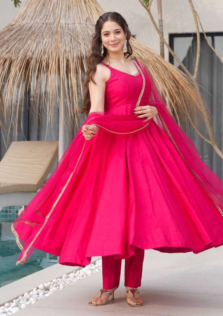 Rani Pink Solid Cotton Anarkali With Dupatta - Indya