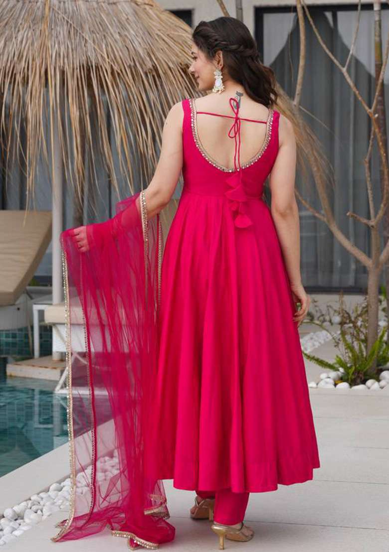Rani Pink Solid Cotton Anarkali With Dupatta - Indya
