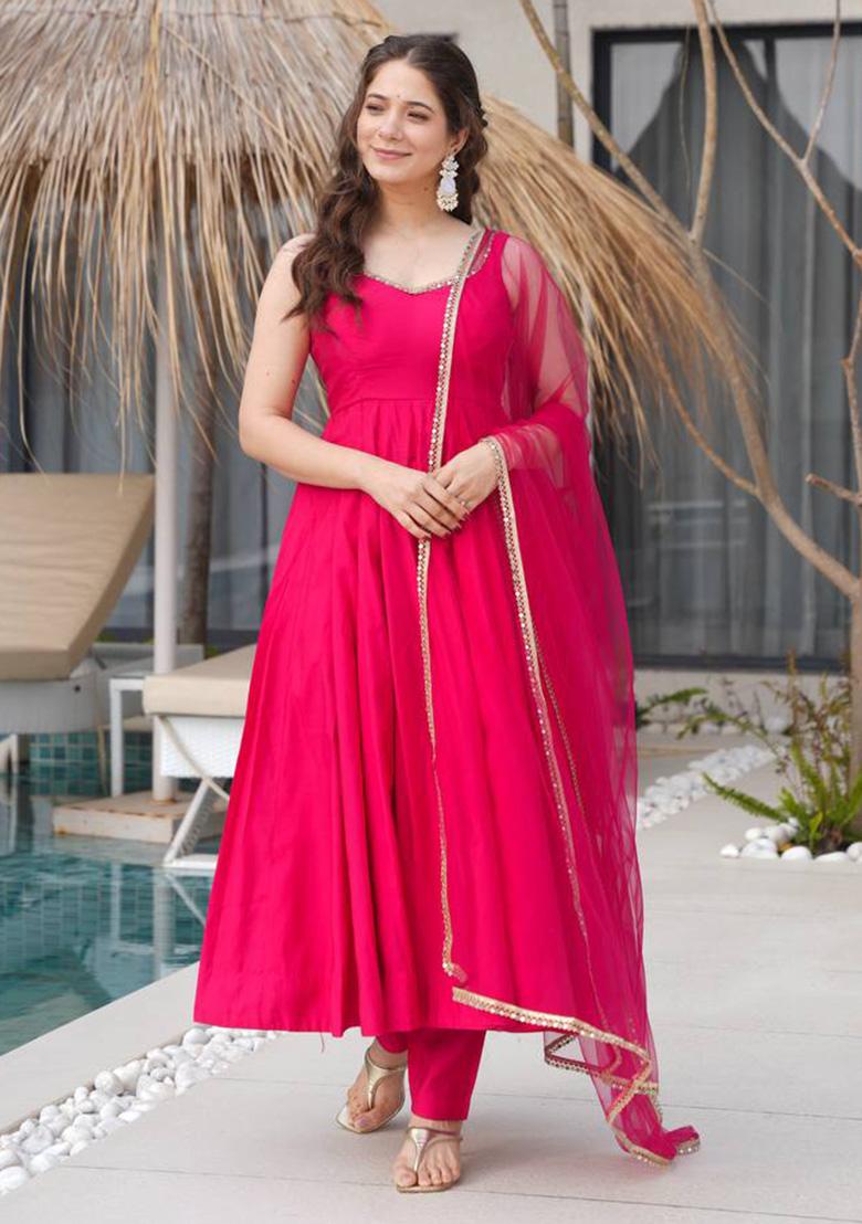 Rani Pink Embroidered Cotton Anarkali Set - Indya