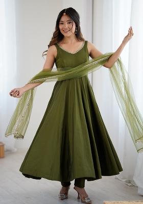 Mehendi Embroidered Cotton Anarkali Set