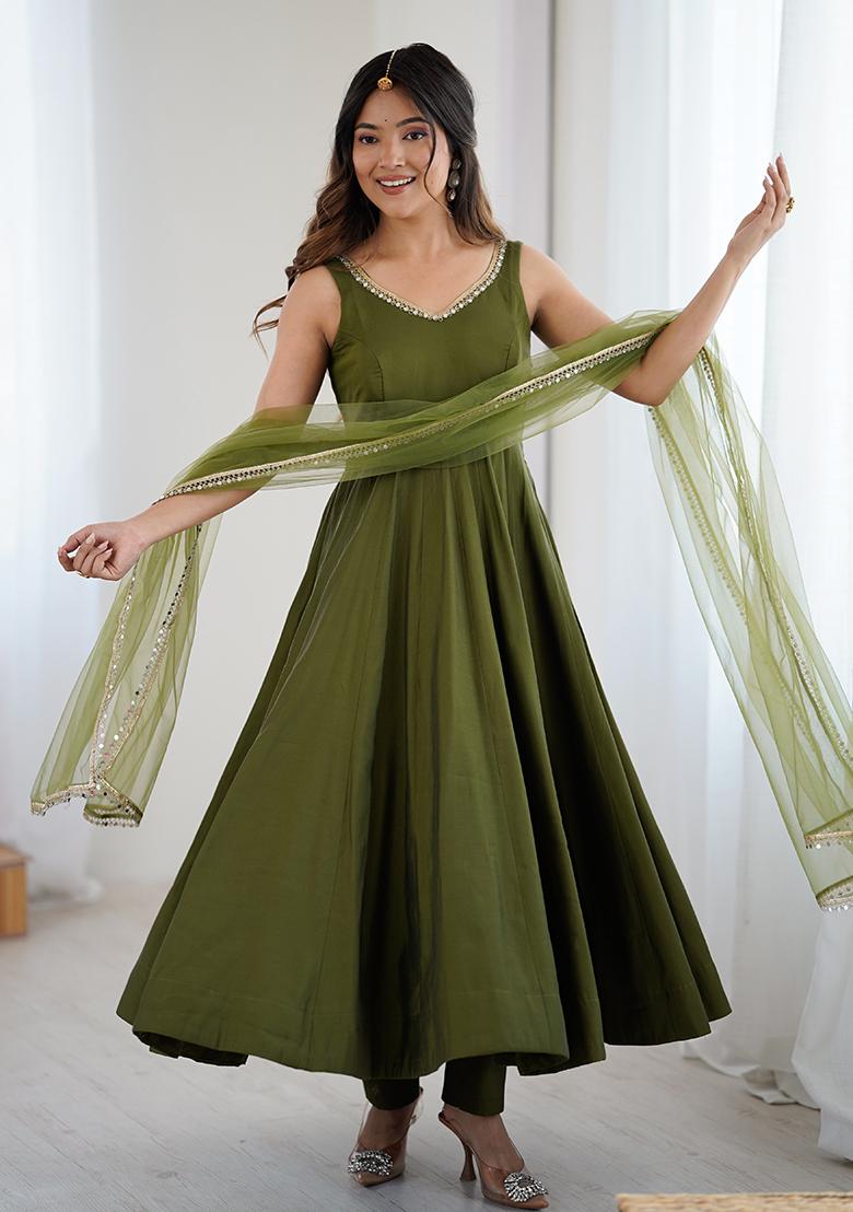 Mehendi Embroidered Cotton Anarkali Set - Indya