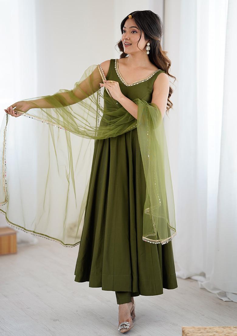 Mehendi Embroidered Cotton Anarkali Set - Indya