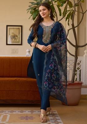 Navy Blue Embroidered Viscose Kurta Set With Dupatta