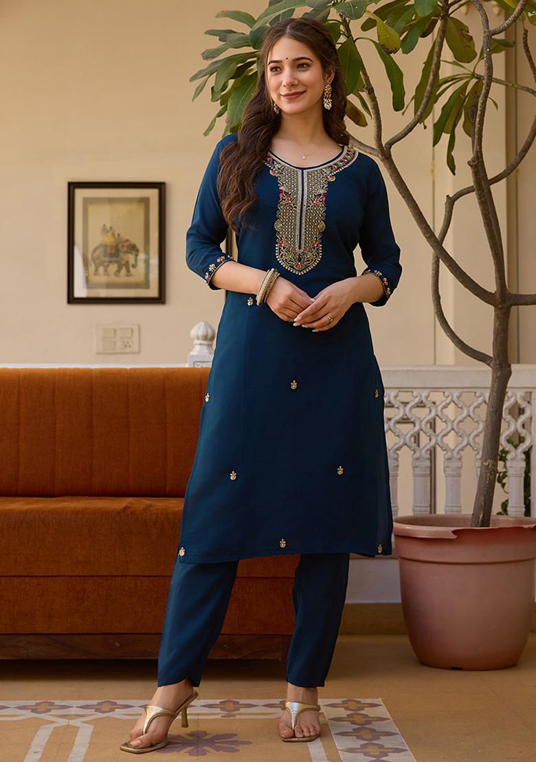 Navy Blue Embroidered Viscose Kurta Set With Dupatta - Indya