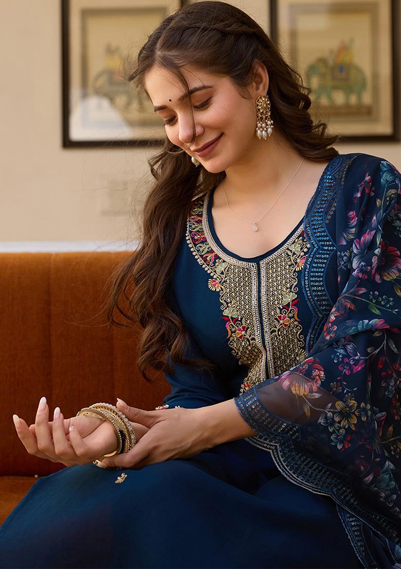 Navy Blue Embroidered Viscose Kurta Set With Dupatta - Indya