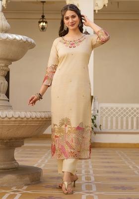 Beige Embroidered Viscose Kurta Set With Dupatta