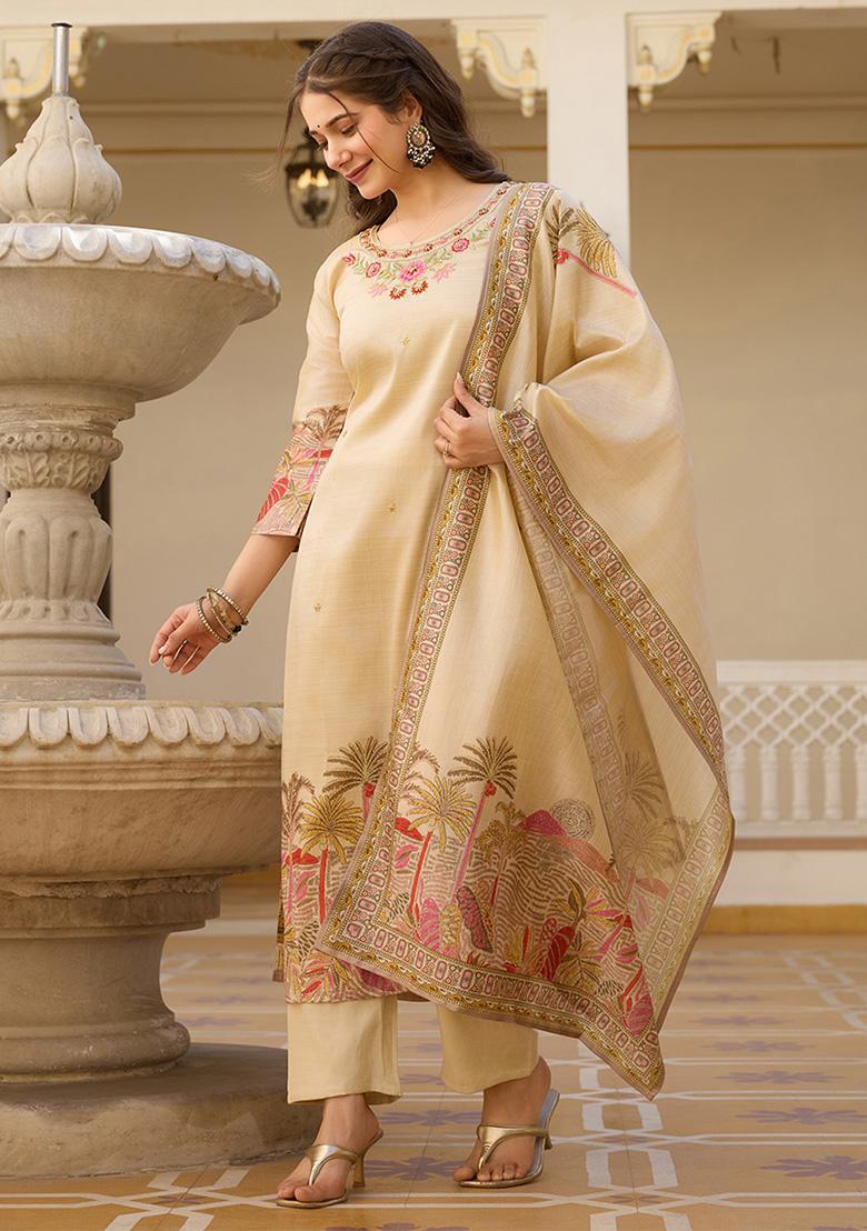 Beige Embroidered Viscose Kurta Set With Dupatta - Indya