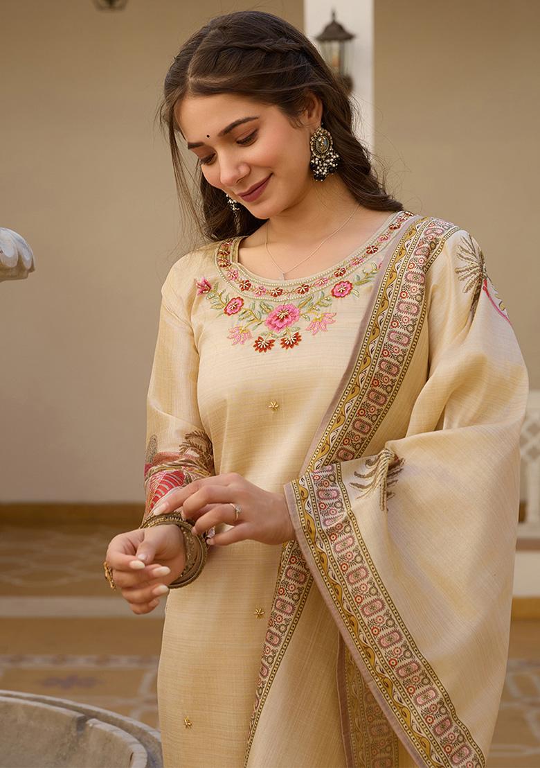 Beige Embroidered Viscose Kurta Set With Dupatta - Indya