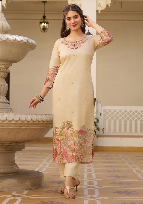 Beige Embroidered Viscose Kurta Set With Dupatta