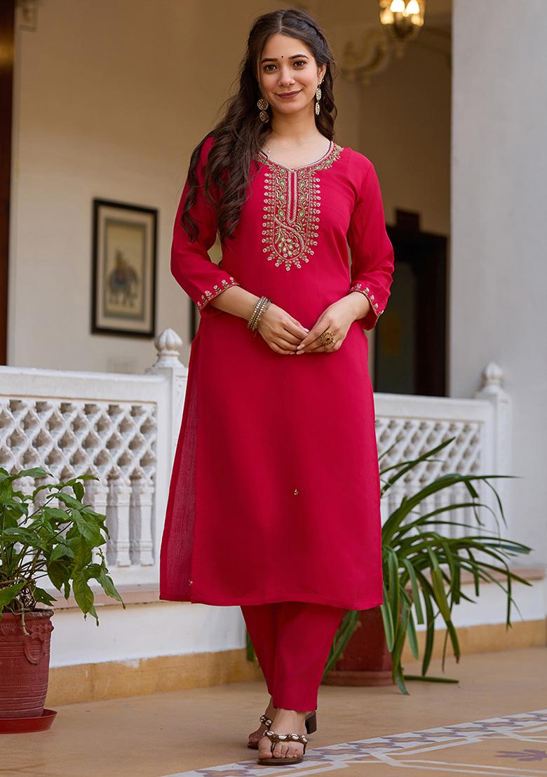 Rani Pink Embroidered Viscose Kurta Set With Dupatta - Indya