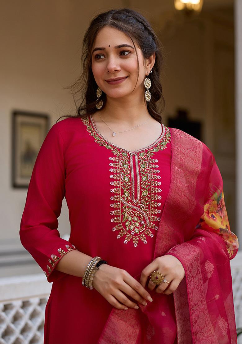 Rani Pink Embroidered Viscose Kurta Set With Dupatta - Indya