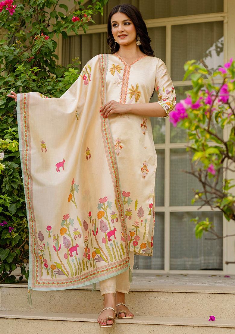 Cream Floral Print Viscose Kurta Set With Dupatta