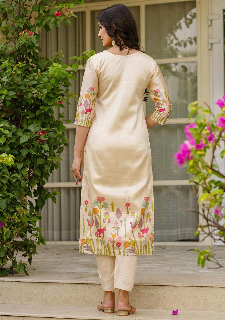 Cream Floral Print Viscose Kurta Set With Dupatta