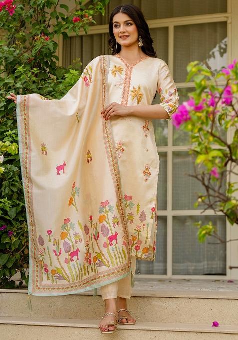 Cream Floral Print Viscose Kurta Set With Dupatta