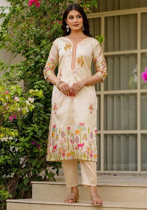 Cream Floral Print Viscose Kurta Set With Dupatta