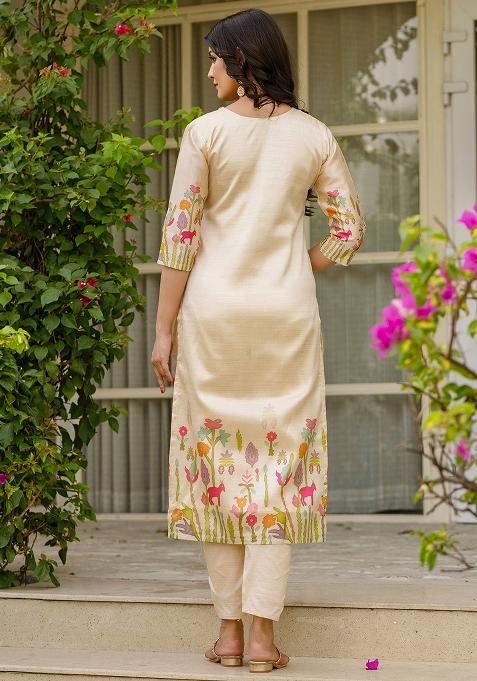 Cream Floral Print Viscose Kurta Set With Dupatta