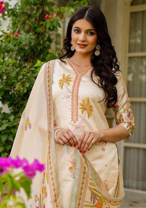 Cream Floral Print Viscose Kurta Set With Dupatta