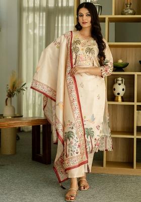 Cream Floral Print Viscose Kurta Set With Dupatta