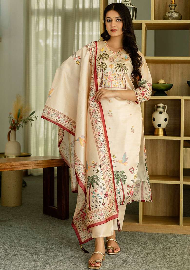 Cream Printed Viscose Straight Kurta Set - Indya