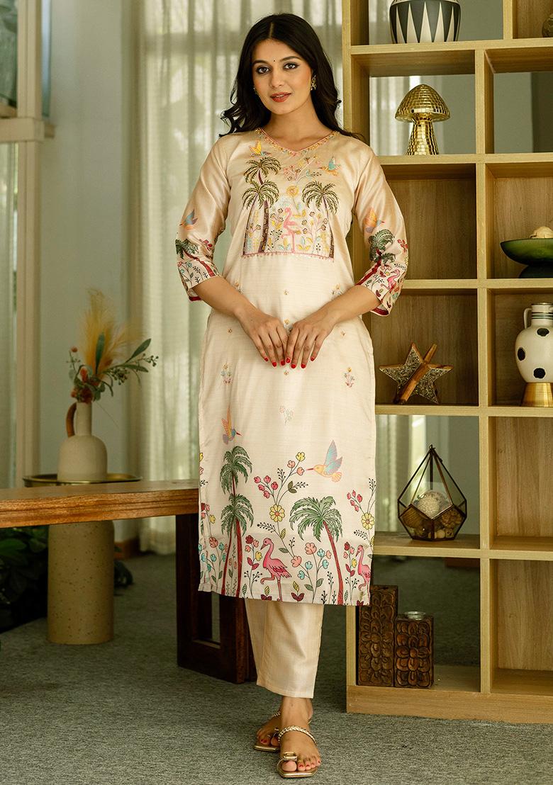 Cream Floral Print Viscose Kurta Set With Dupatta - Indya
