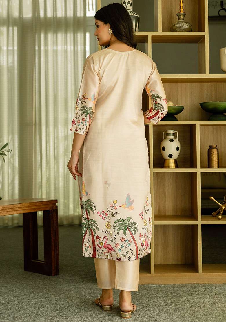 Cream Printed Viscose Straight Kurta Set - Indya