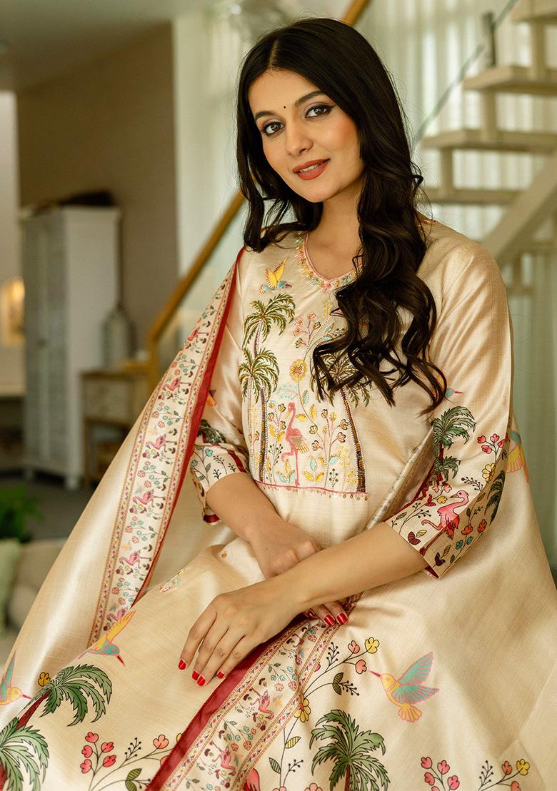 Cream Floral Print Viscose Kurta Set With Dupatta - Indya