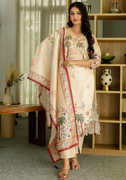 Cream Floral Print Viscose Kurta Set With Dupatta