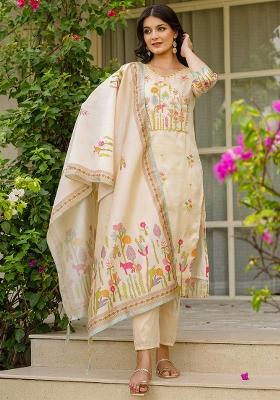 Cream Floral Print Viscose Kurta Set With Dupatta