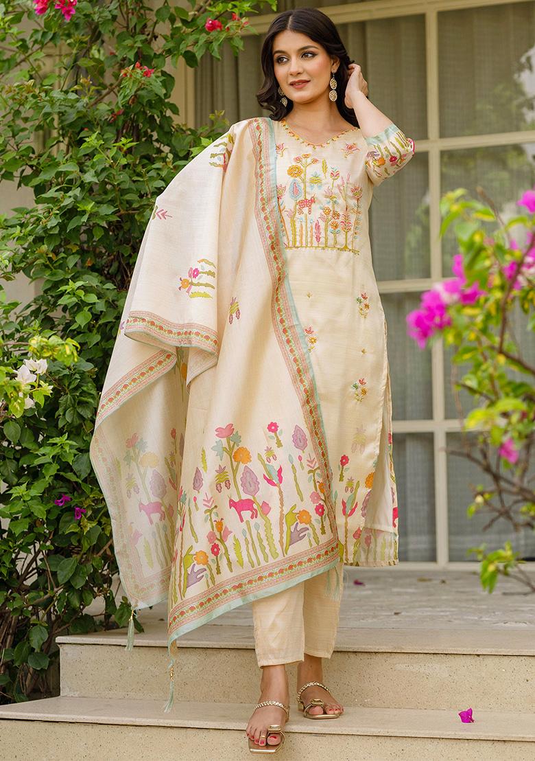 Cream Floral Print Viscose Kurta Set With Dupatta