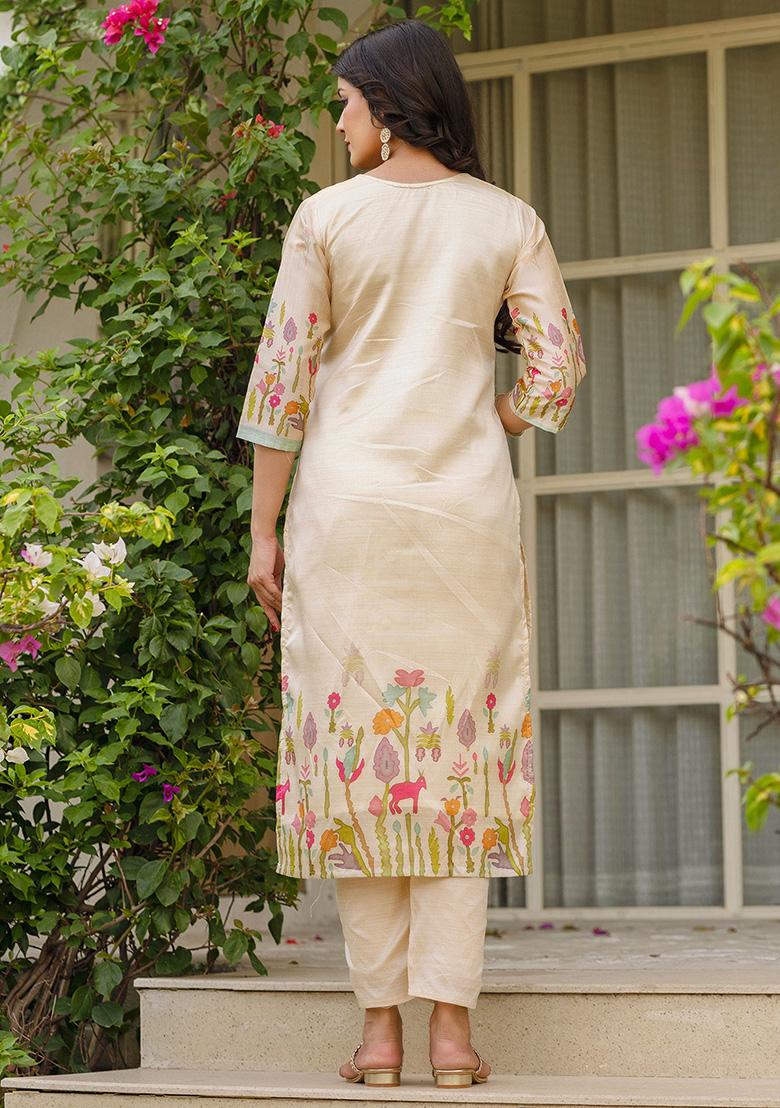 Cream Floral Print Viscose Kurta Set With Dupatta