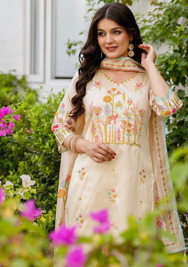 Cream Floral Print Viscose Kurta Set With Dupatta