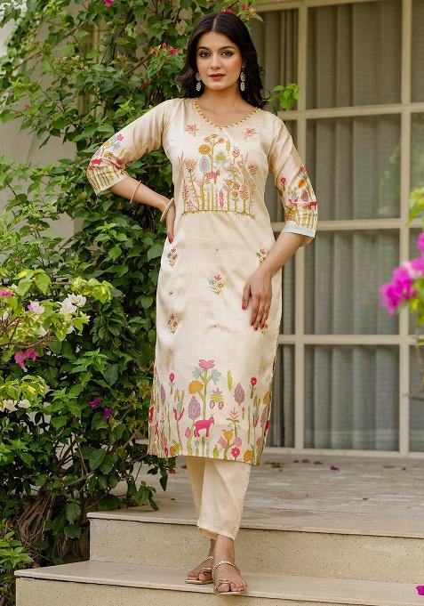 Cream Floral Print Viscose Kurta Set With Dupatta