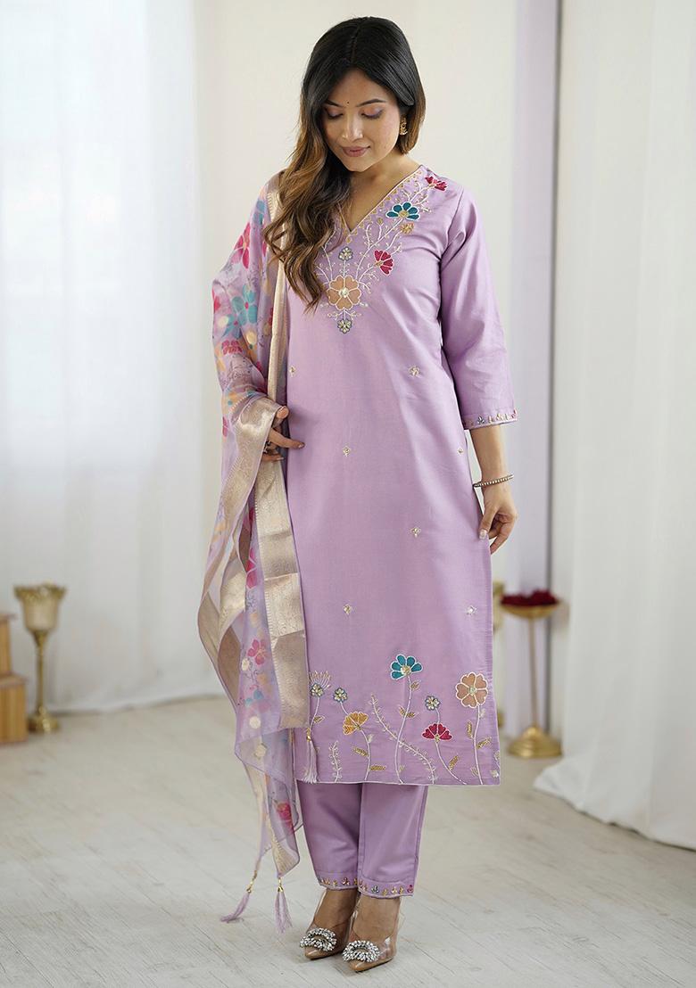 Lavender Beads Viscose Kurta Set With Dupatta - Indya